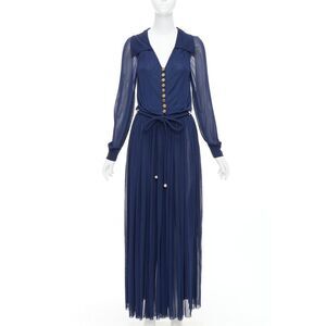 CHANEL 2017 Runway navy gold CC owl logo buttons pleated belted dress FR36 S